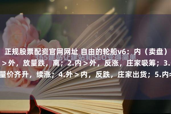 正规股票配资官网网址 自由的轮船v6：内（卖盘）／外（买盘）口诀：1.内＞外，放量跌，离；2.内＞外，反涨，庄家吸筹；3.外＞内，量价齐升，续涨；4.外＞内，反跌，庄家出货；5.内≈外， 价处高／低位 ， 股价将反转...